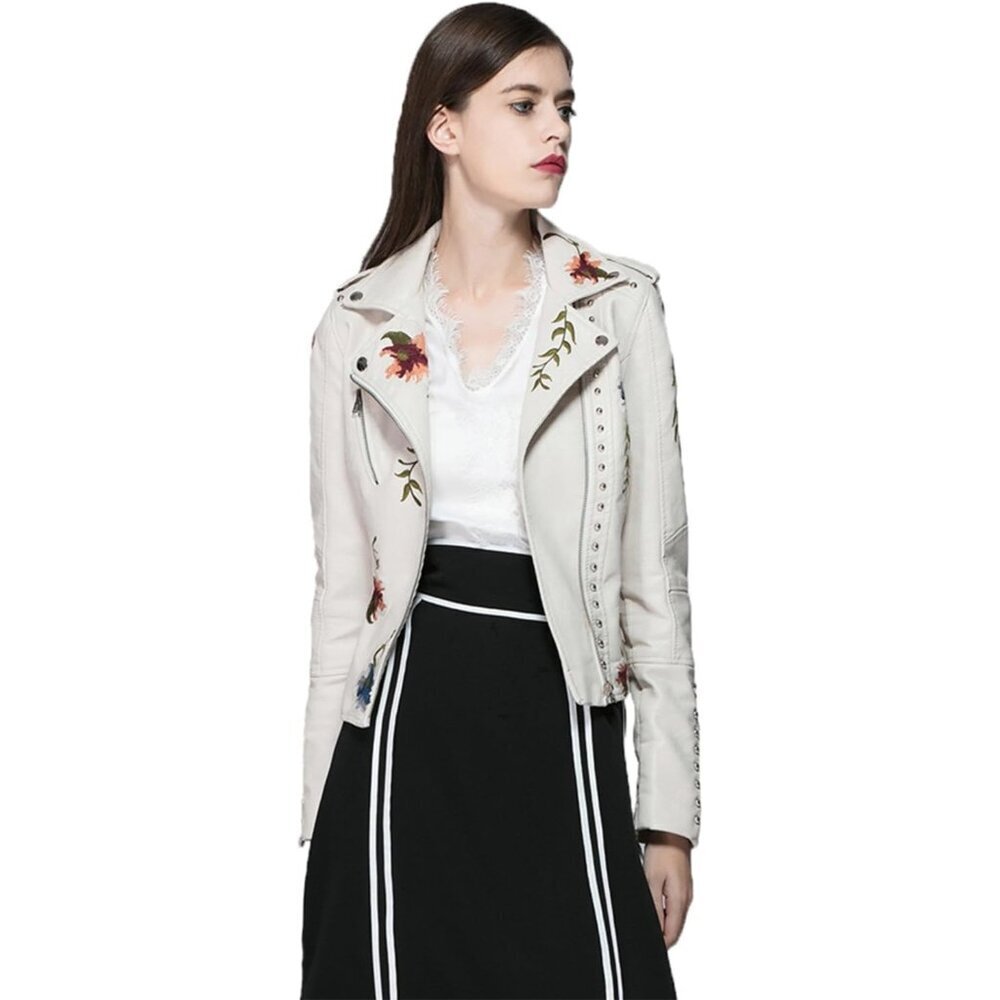 Women Beige Floral Embroidered Faux Leather Jacket PU Coat Stylish Outerwear